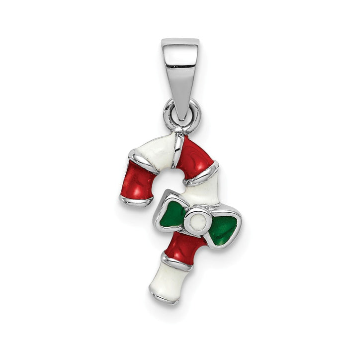 Million Charms 925 Sterling Silver Rhodium-Plated Childs Enameled Candy Cane Pendant