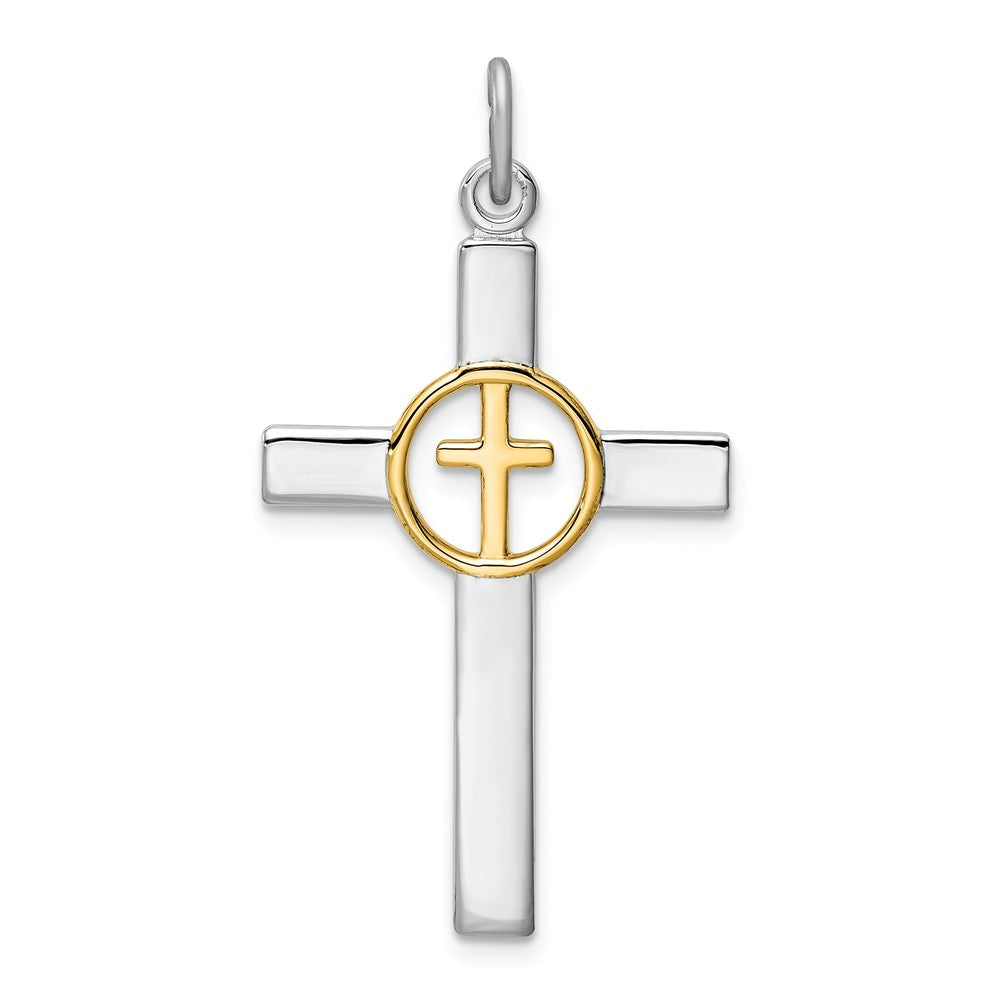 Million Charms 925 Sterling Silver Rhodium-Plated & Gold Themed Tone Relgious Cross Pendant