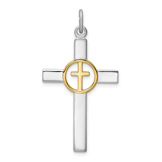 Million Charms 925 Sterling Silver Rhodium-Plated & Gold Themed Tone Relgious Cross Pendant