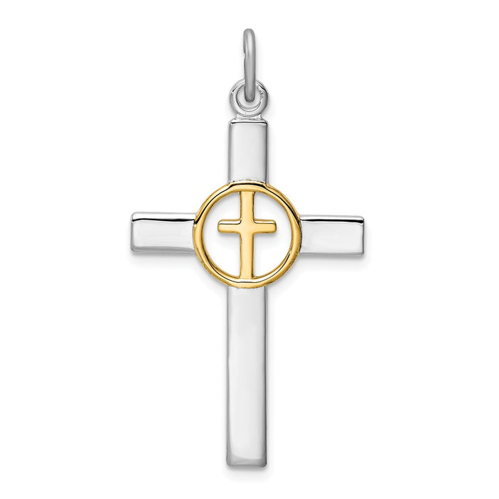 Million Charms 925 Sterling Silver Rhodium-Plated & Gold Themed Tone Relgious Cross Pendant