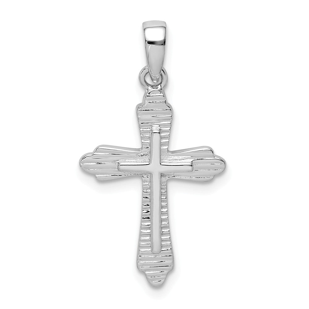 Million Charms 925 Sterling Silver Rhodium-Plated Striped Texture Relgious Cross Pendant