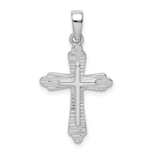 Million Charms 925 Sterling Silver Rhodium-Plated Striped Texture Relgious Cross Pendant