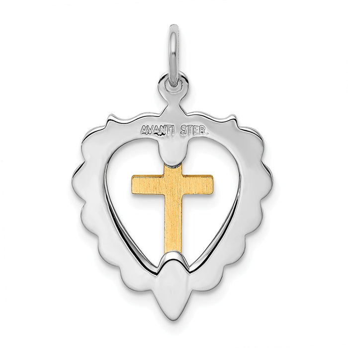 Million Charms 925 Sterling Silver Rhodium-Plated & Gold Themed Tone Relgious Cross Heart Pendant