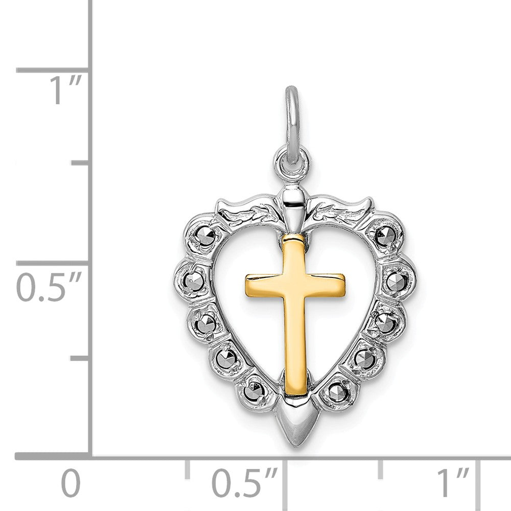 Million Charms 925 Sterling Silver Rhodium-Plated & Gold Themed Tone Relgious Cross Heart Pendant