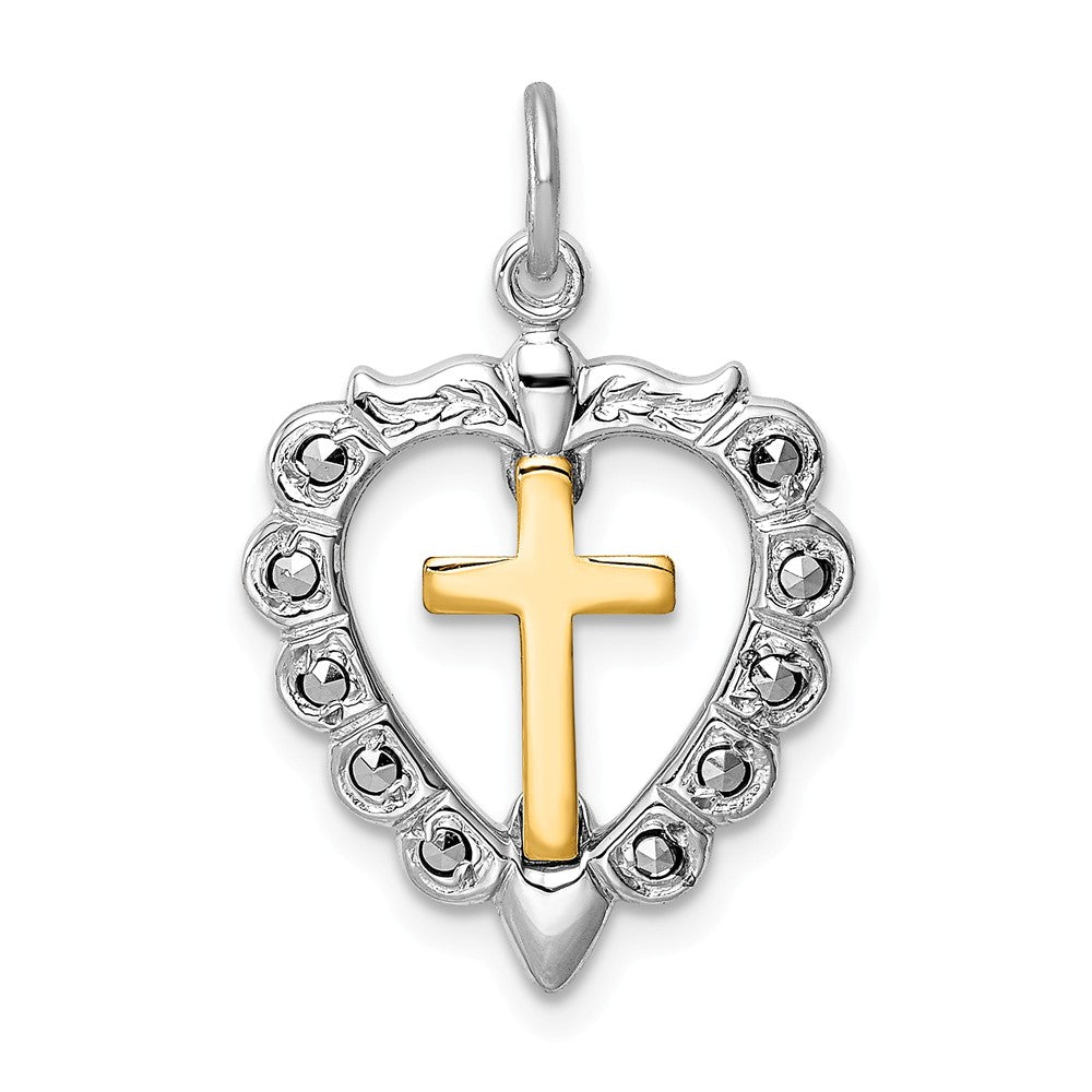 Million Charms 925 Sterling Silver Rhodium-Plated & Gold Themed Tone Relgious Cross Heart Pendant