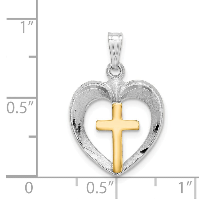 Million Charms 925 Sterling Silver Rhodium-Plated Gold Themed Tone Diamond-Cut Relgious Cross Heart Pendant