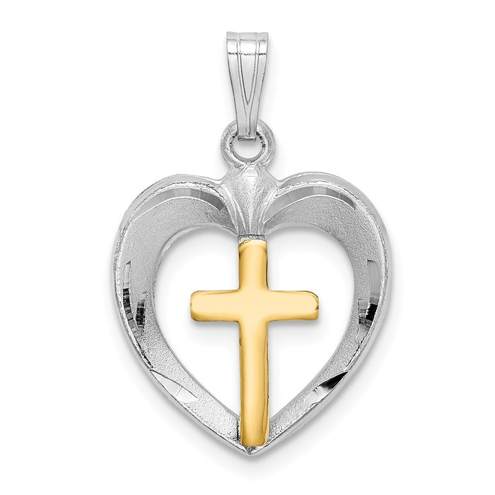 Million Charms 925 Sterling Silver Rhodium-Plated Gold Themed Tone Diamond-Cut Relgious Cross Heart Pendant