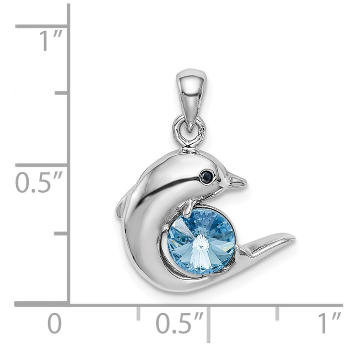 Million Charms 925 Sterling Silver Rhodium-Plated Blue Crystal Dolphin Pendant