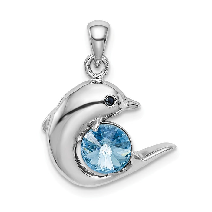 Million Charms 925 Sterling Silver Rhodium-Plated Blue Crystal Dolphin Pendant