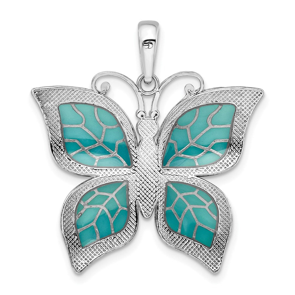 Million Charms 925 Sterling Silver Charm Pendant, Butterfly with Aqua Wings, Stained Glass