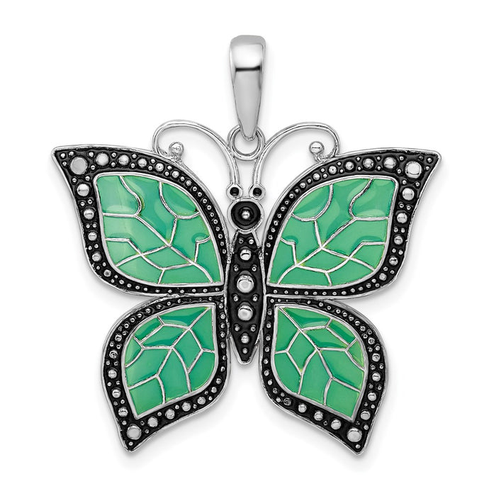 Million Charms 925 Sterling Silver Charm Pendant, Butterfly with Aqua Wings, Stained Glass