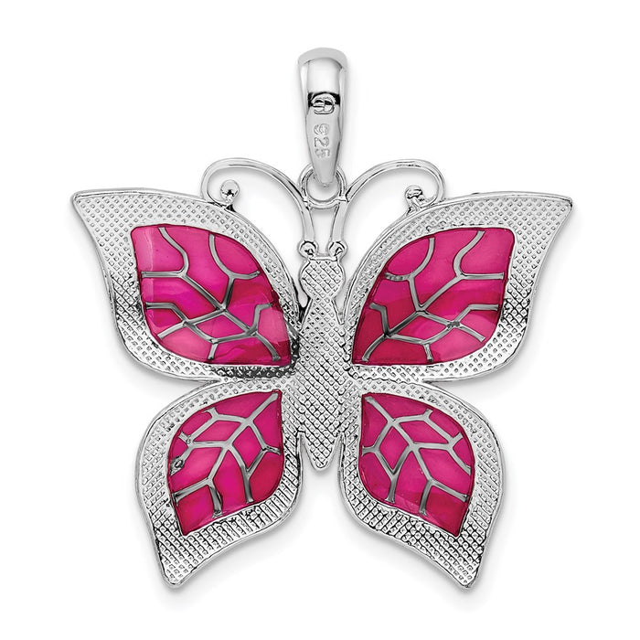 Million Charms 925 Sterling Silver Charm Pendant, Butterfly with Fuchsia Wings, Stained Glass