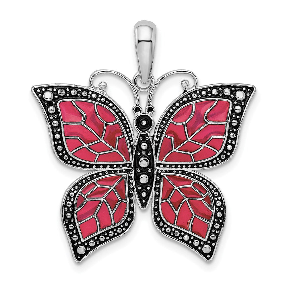 Million Charms 925 Sterling Silver Charm Pendant, Butterfly with Fuchsia Wings, Stained Glass
