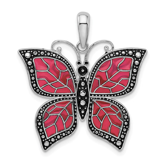 Million Charms 925 Sterling Silver Charm Pendant, Butterfly with Fuchsia Wings, Stained Glass