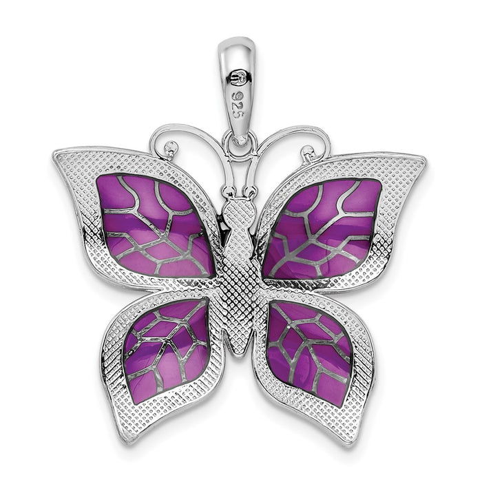 Million Charms 925 Sterling Silver Charm Pendant, Butterfly with Purple Wings, Stained Glass