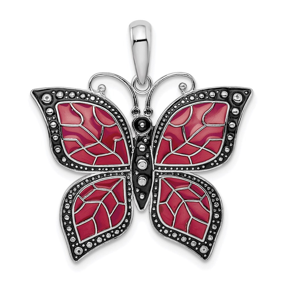 Million Charms 925 Sterling Silver Charm Pendant, Butterfly with Purple Wings, Stained Glass