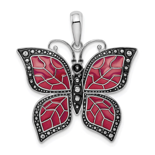 Million Charms 925 Sterling Silver Charm Pendant, Butterfly with Purple Wings, Stained Glass