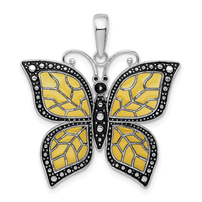 Million Charms 925 Sterling Silver Charm Pendant, Butterfly with Yellow Wings, Stained Glass