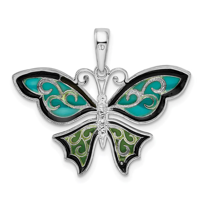 Million Charms 925 Sterling Silver Charm Pendant, Butterfly with Aqua Filigree Wings, Stained Glass