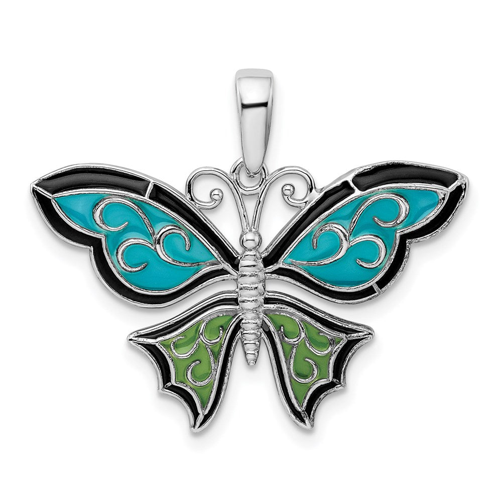 Million Charms 925 Sterling Silver Charm Pendant, Butterfly with Aqua Filigree Wings, Stained Glass