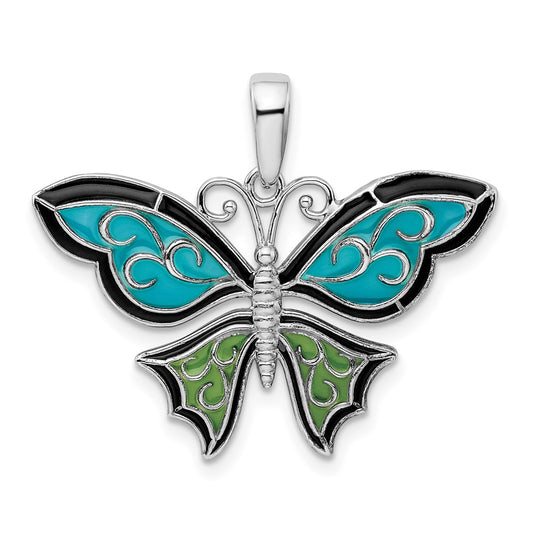 Million Charms 925 Sterling Silver Charm Pendant, Butterfly with Aqua Filigree Wings, Stained Glass