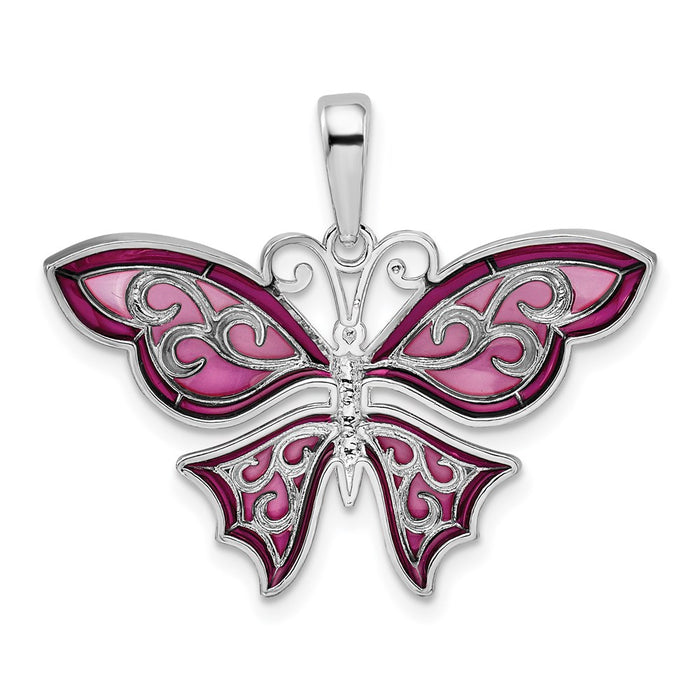 Million Charms 925 Sterling Silver Charm Pendant, Butterfly with Purple Filigree Wings, Stained Glass