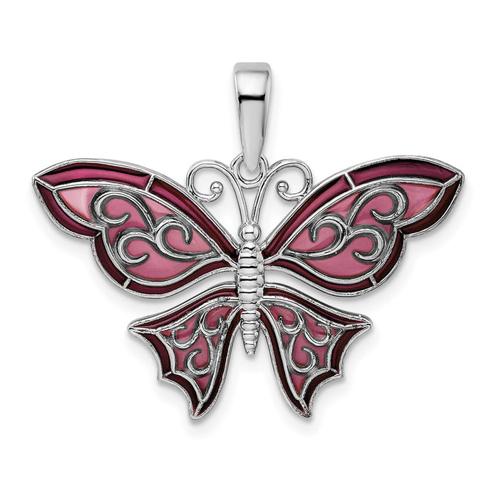 Million Charms 925 Sterling Silver Charm Pendant, Butterfly with Purple Filigree Wings, Stained Glass