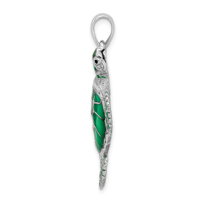 Million Charms 925 Sterling Silver Nautical Sea Life  Charm Pendant, Swimming Sea Turtle with Green Stained Glass  Shell