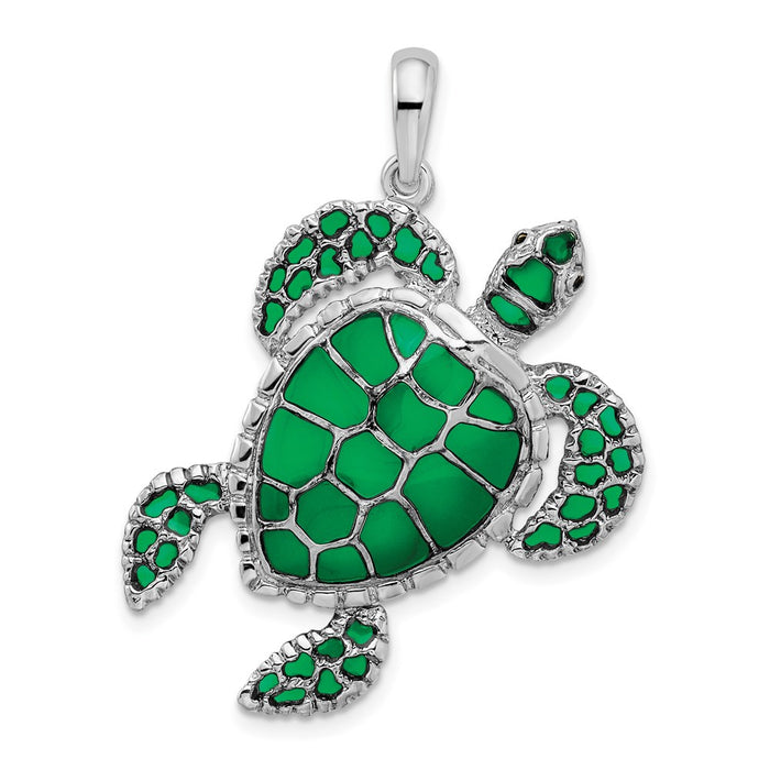 Million Charms 925 Sterling Silver Nautical Sea Life  Charm Pendant, Swimming Sea Turtle with Green Stained Glass  Shell