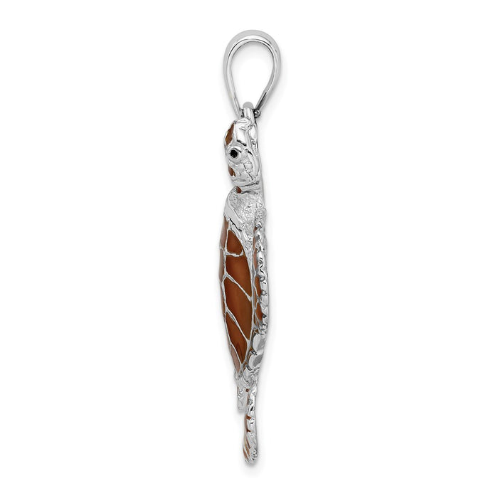 Million Charms 925 Sterling Silver Nautical Sea Life  Charm Pendant, Swimming Sea Turtle with Brown Stained Glass  Shell