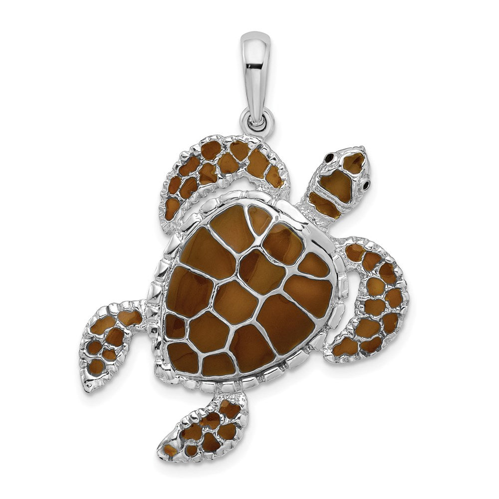 Million Charms 925 Sterling Silver Nautical Sea Life  Charm Pendant, Swimming Sea Turtle with Brown Stained Glass  Shell