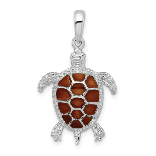 Million Charms 925 Sterling Silver Nautical Sea Life  Charm Pendant, Sea Turtle with Brown Stained Glass  Shell