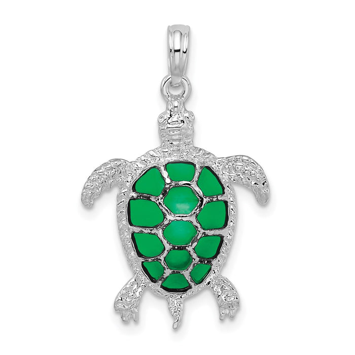 Million Charms 925 Sterling Silver Nautical Sea Life  Charm Pendant, Sea Turtle with Green Stained Glass  Shell