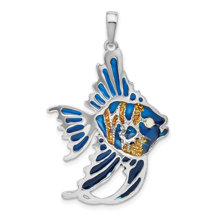 Million Charms 925 Sterling Silver Sea Life Nautical Charm Pendant, Angelfish with Blue Stained Glass  & Gold Enamel