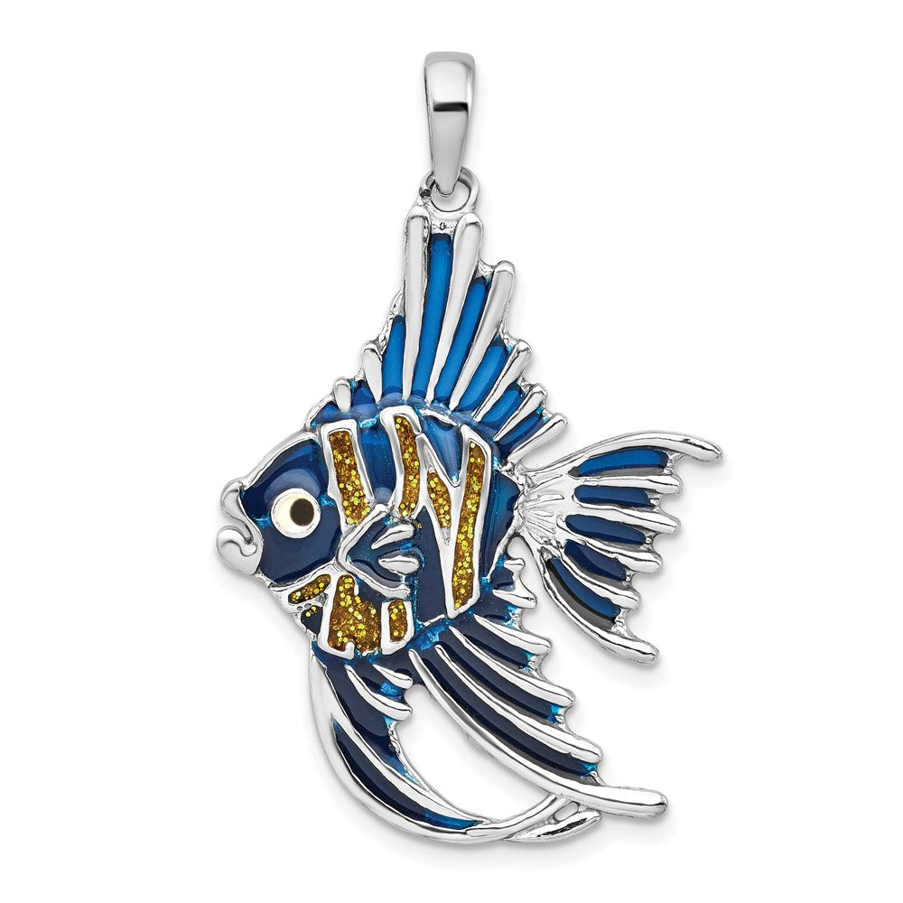 Million Charms 925 Sterling Silver Sea Life Nautical Charm Pendant, Angelfish with Blue Stained Glass  & Gold Enamel