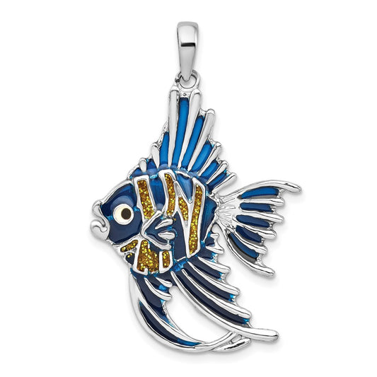 Million Charms 925 Sterling Silver Sea Life Nautical Charm Pendant, Angelfish with Blue Stained Glass  & Gold Enamel