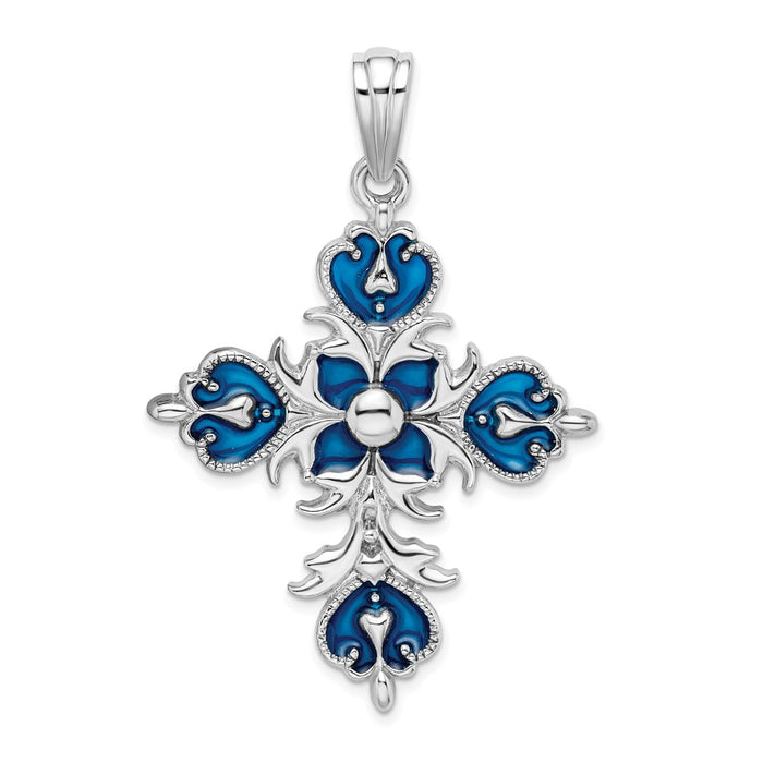 Million Charms 925 Sterling Silver Religious Charm Pendant, Large  Cross  with Blue Stained Glass  Enamel & Fleur-De-Lis Tips