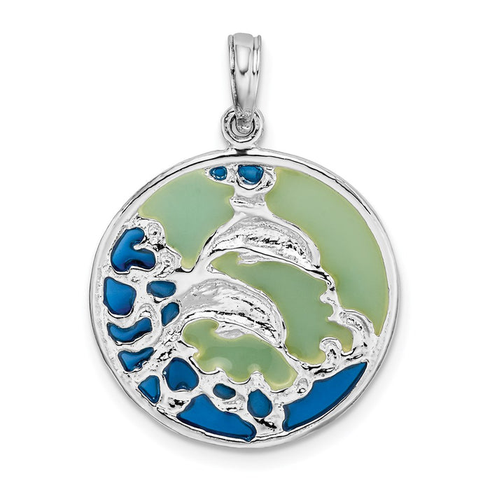 Million Charms 925 Sterling Silver Nautical Sea Life  Charm Pendant, Double Dolphins & Blue Stained Glass  In Circle, 2-D