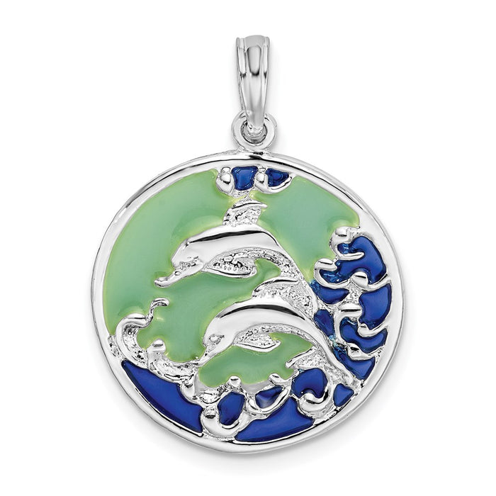 Million Charms 925 Sterling Silver Nautical Sea Life  Charm Pendant, Double Dolphins & Blue Stained Glass  In Circle, 2-D