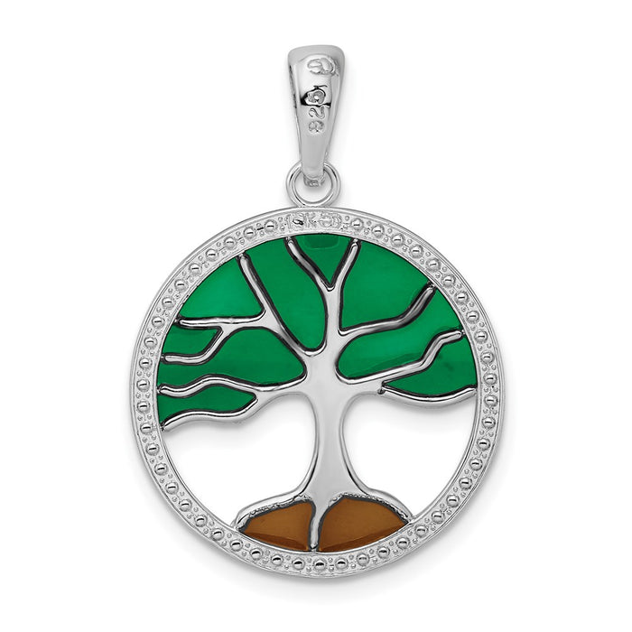 Million Charms 925 Sterling Silver Religious Charm Pendant, Large Tree Of Life In Round Frame, Stained Glass Green and Brown