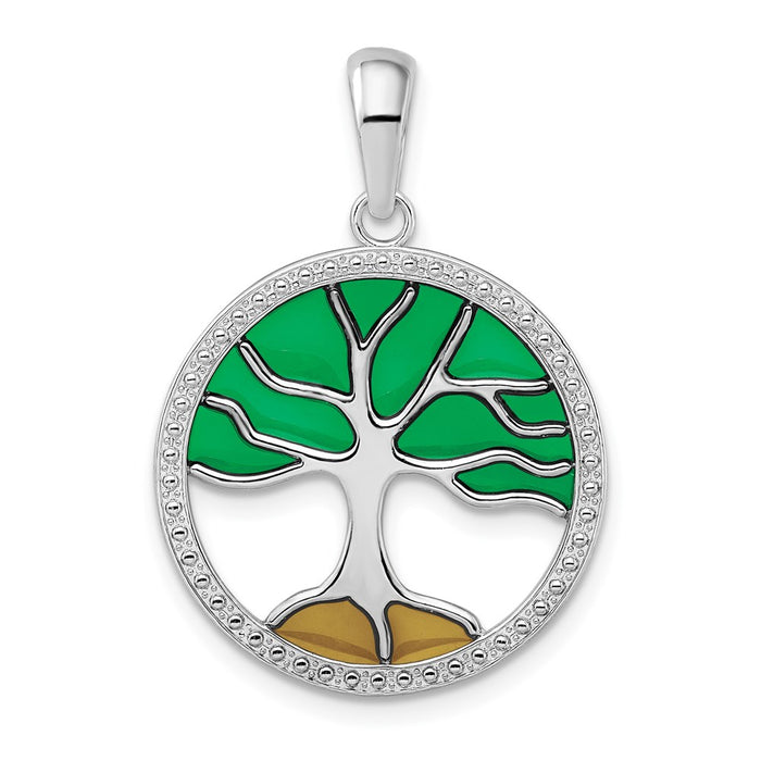 Million Charms 925 Sterling Silver Religious Charm Pendant, Large Tree Of Life In Round Frame, Stained Glass Green and Brown