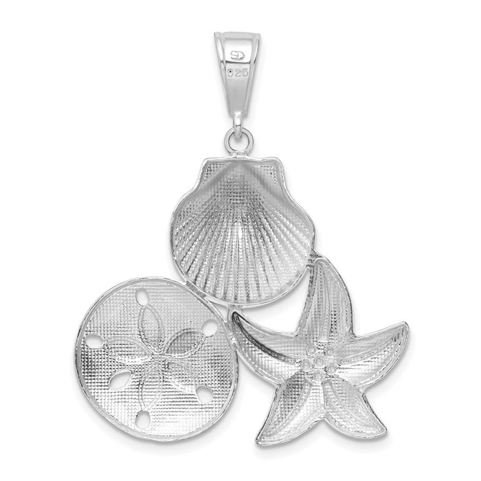 Million Charms 925 Sterling Silver Sea Life Nautical Charm Pendant, Scallop, Starfish & Sand Dollar Cluster, High Polish & Textured