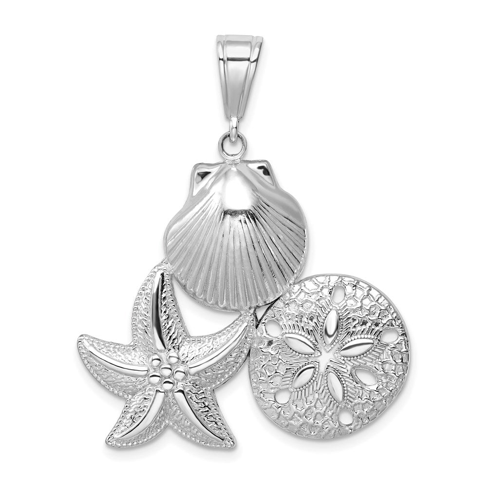 Million Charms 925 Sterling Silver Sea Life Nautical Charm Pendant, Scallop, Starfish & Sand Dollar Cluster, High Polish & Textured