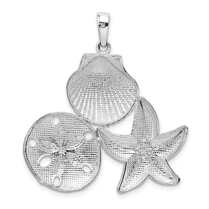 Million Charms 925 Sterling Silver Sea Life Nautical Charm Pendant, Diamond-cut Scallop, Starfish & Sand Dollar Cluster