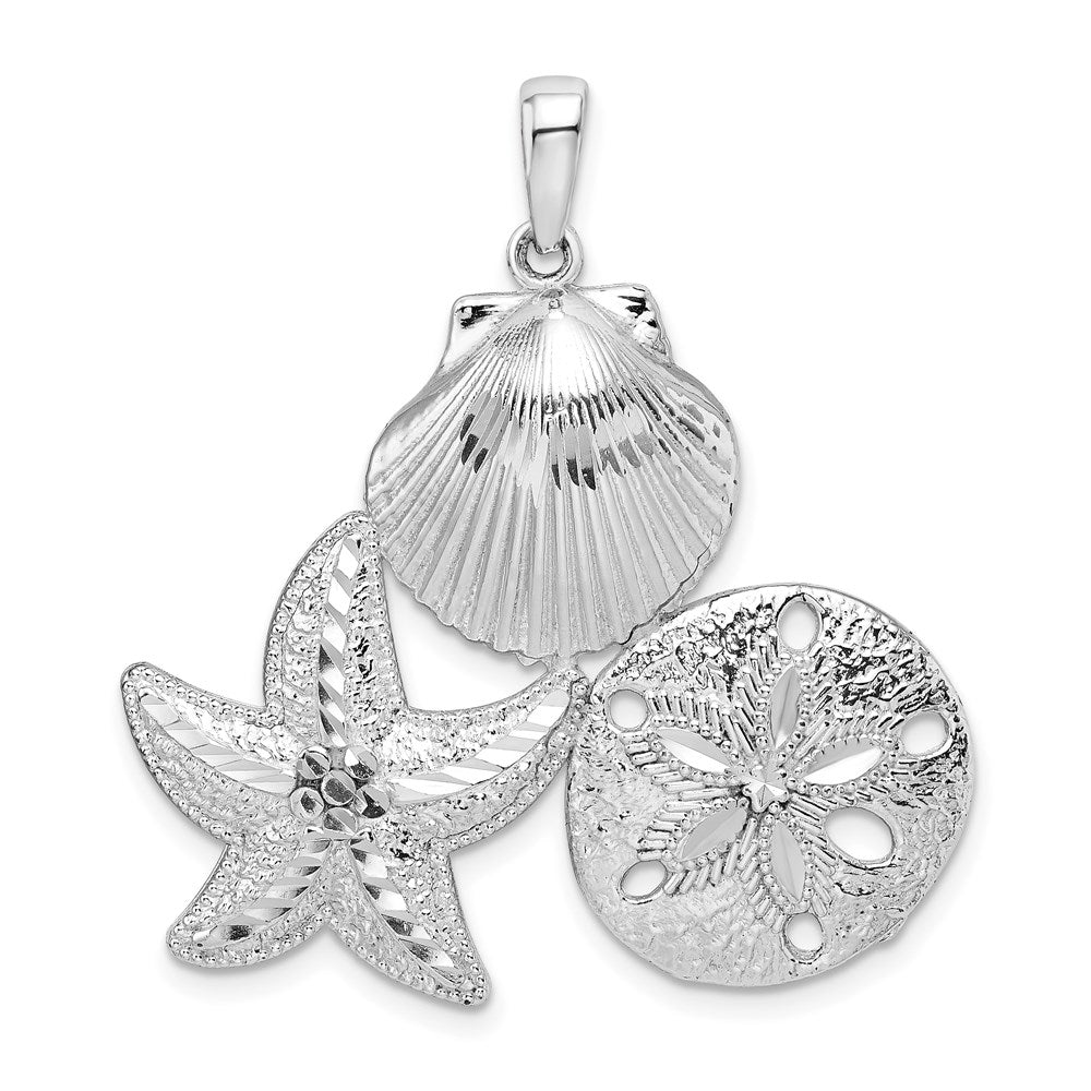 Million Charms 925 Sterling Silver Sea Life Nautical Charm Pendant, Diamond-cut Scallop, Starfish & Sand Dollar Cluster