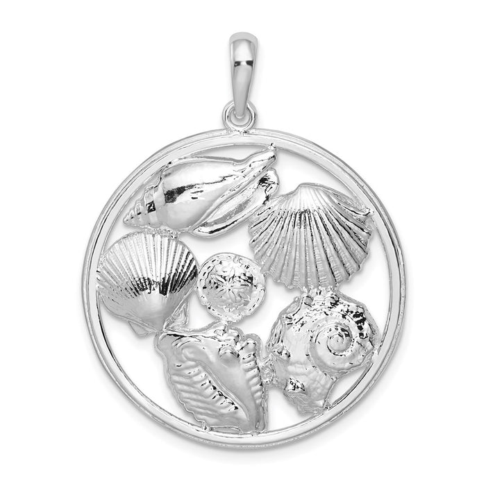 Million Charms 925 Sterling Silver Nautical Sea Life  Charm Pendant, Shell Cluster In Round Frame