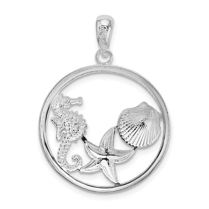 Million Charms 925 Sterling Silver Sea Life Nautical Charm Pendant, Scallop, Starfish & Seahorse In Round Frame