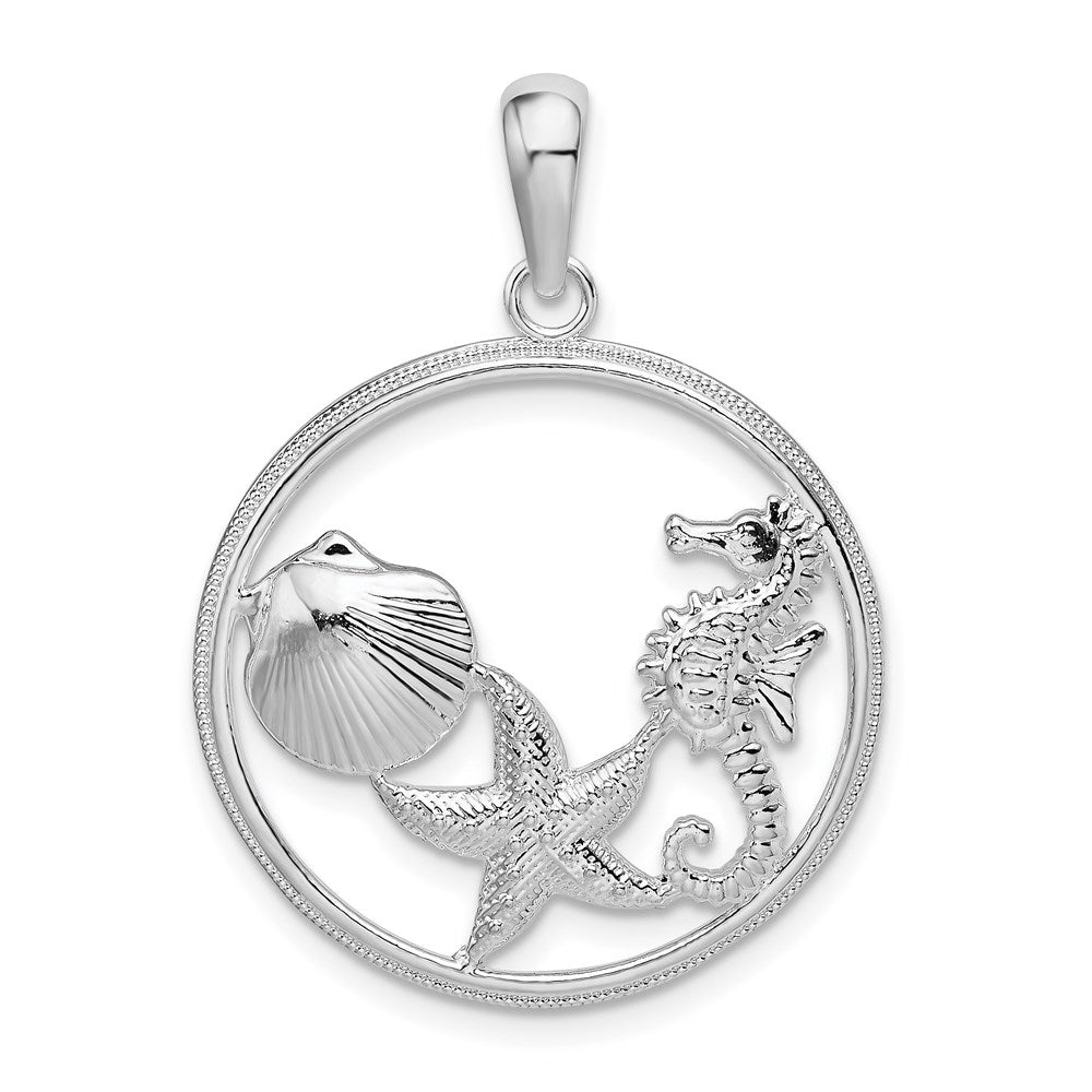 Million Charms 925 Sterling Silver Sea Life Nautical Charm Pendant, Scallop, Starfish & Seahorse In Round Frame