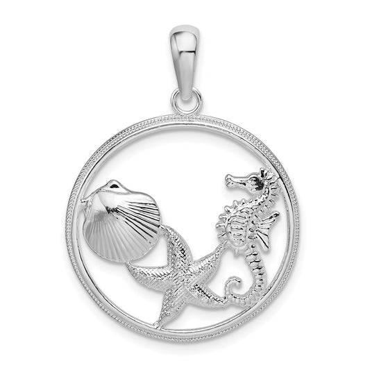 Million Charms 925 Sterling Silver Sea Life Nautical Charm Pendant, Scallop, Starfish & Seahorse In Round Frame