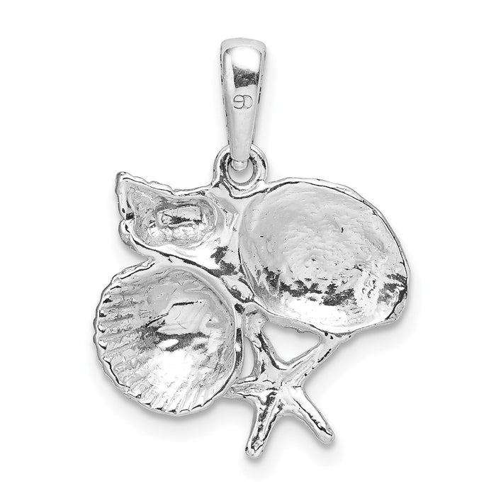 Million Charms 925 Sterling Silver Nautical Sea Life  Charm Pendant, Four Shell Cluster Pendant, 2-D